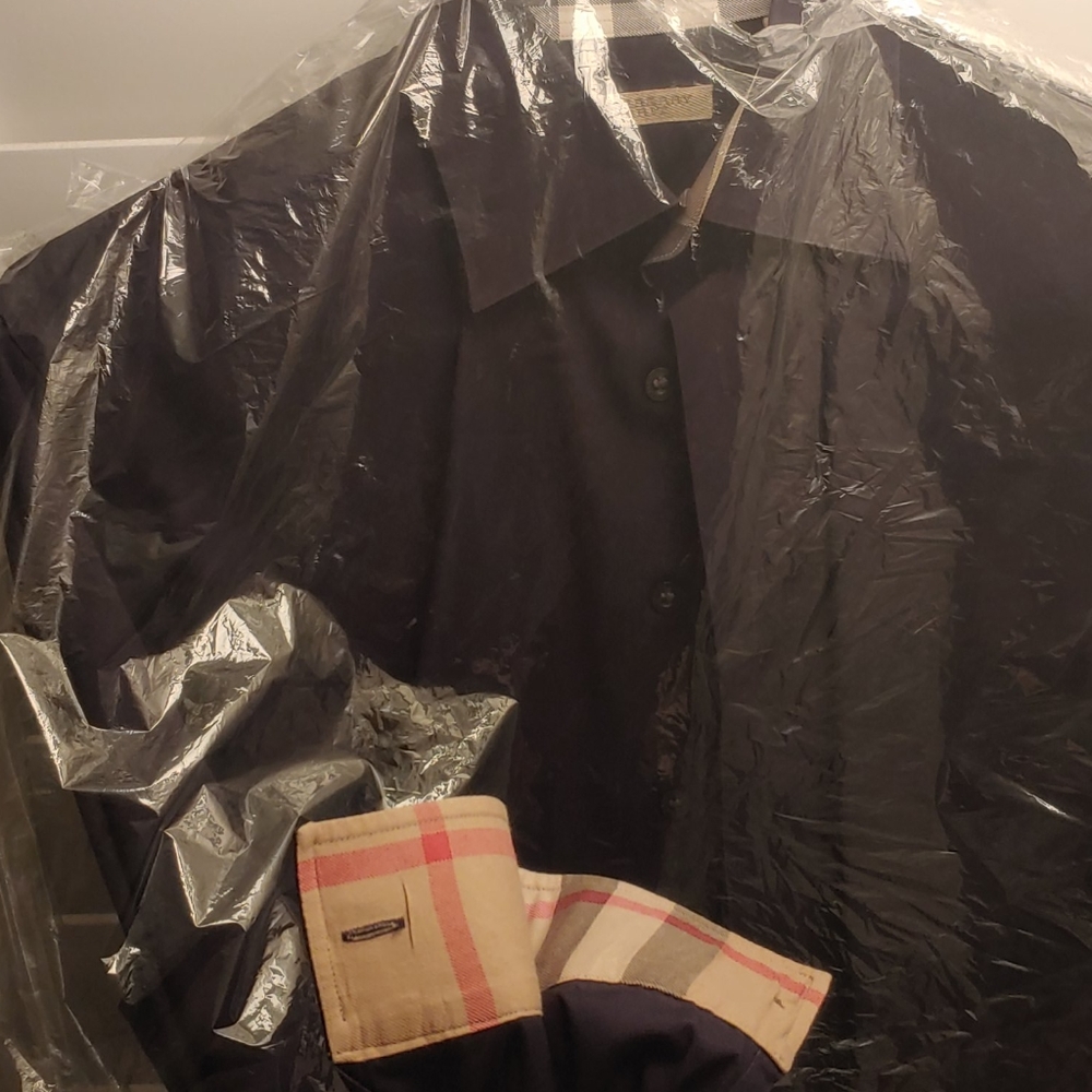 Burberry Brit Check Trim Navy Blue Dress Shirt